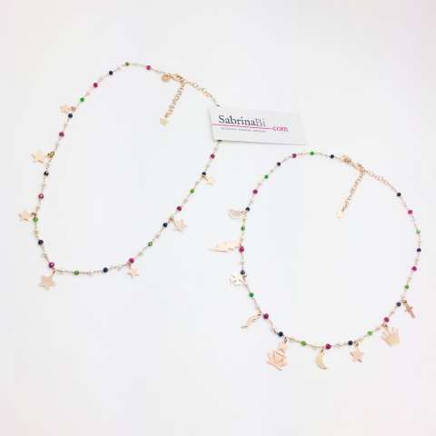 Collana choker girocollo rosario argento 925 oro rosa perle, pietre dure multicolor e stelle