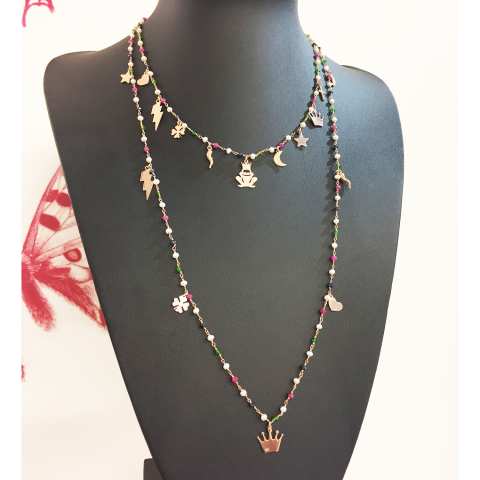 Collana girocollo rosario argento 925 oro rosa perle, pietre dure multicolor e charms