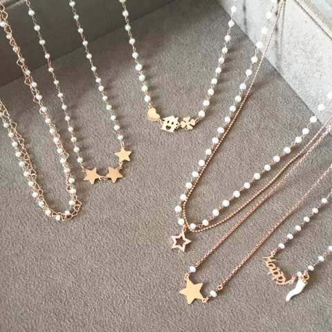 Collana girocollo rosario argento 925 oro rosa perle bianche e 3 stelle