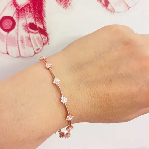 Bracciale semi-rigido argento 925 oro rosa fiori Zirconi