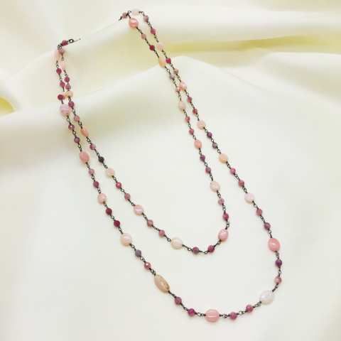 Collana lunga argento 925 brunito Calcedonio rosa