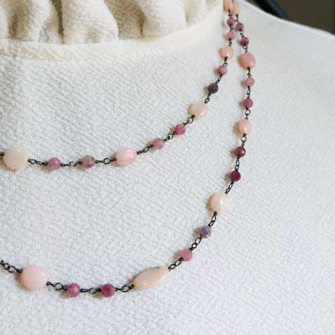 Collana lunga argento 925 brunito Calcedonio rosa