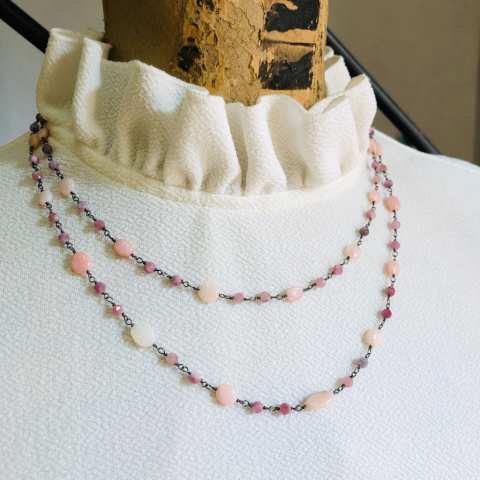Collana lunga argento 925 brunito Calcedonio rosa