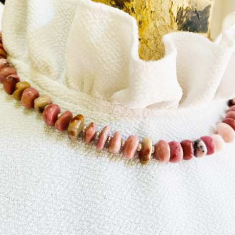 Collana girocollo rondelle Rodocrosite rosa e Perle