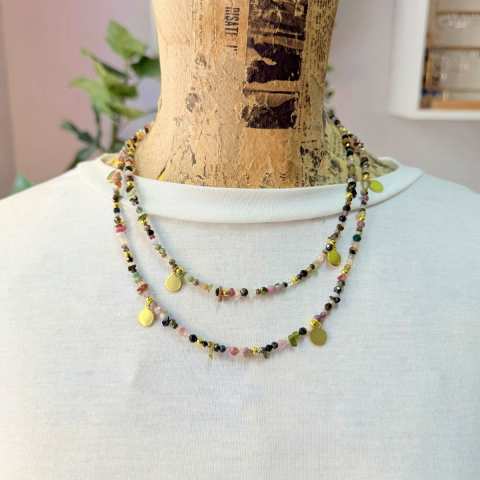Collana lunga chips Tormalina multicolor e coins