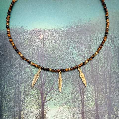 Tiger’s Eye Choker Necklace with Feather Charms | SabrinaBi