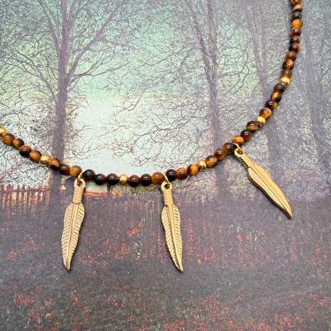 Tiger’s Eye Choker Necklace with Feather Charms | SabrinaBi