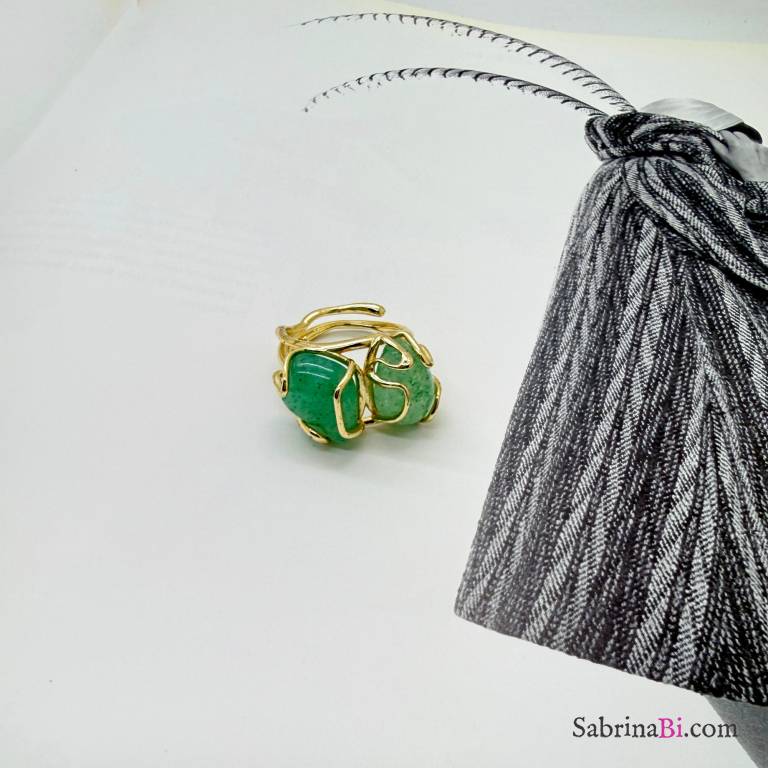 Double green Quartz stone adjustable ring 