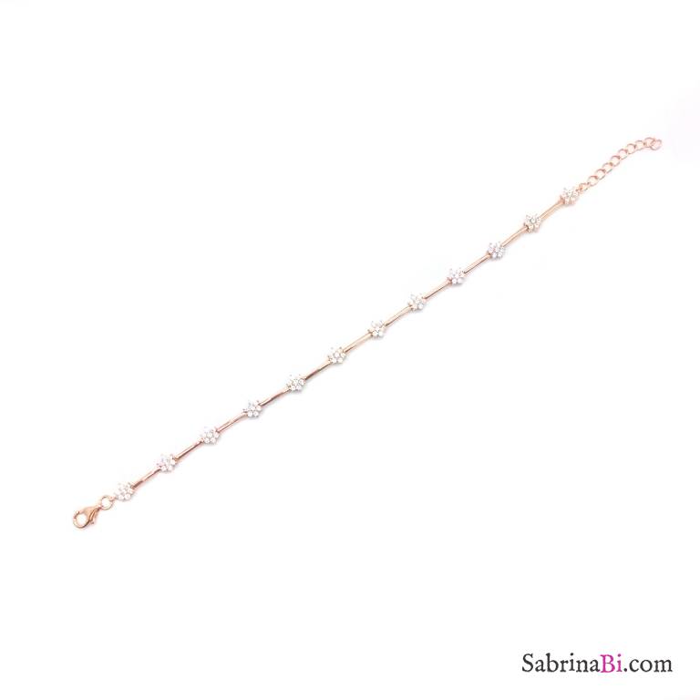 Bracciale semi-rigido argento 925 oro rosa fiori Zirconi