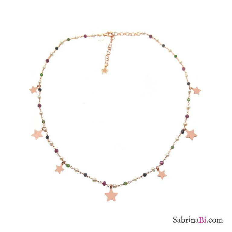 Collana choker girocollo rosario argento 925 oro rosa perle, pietre dure multicolor e stelle