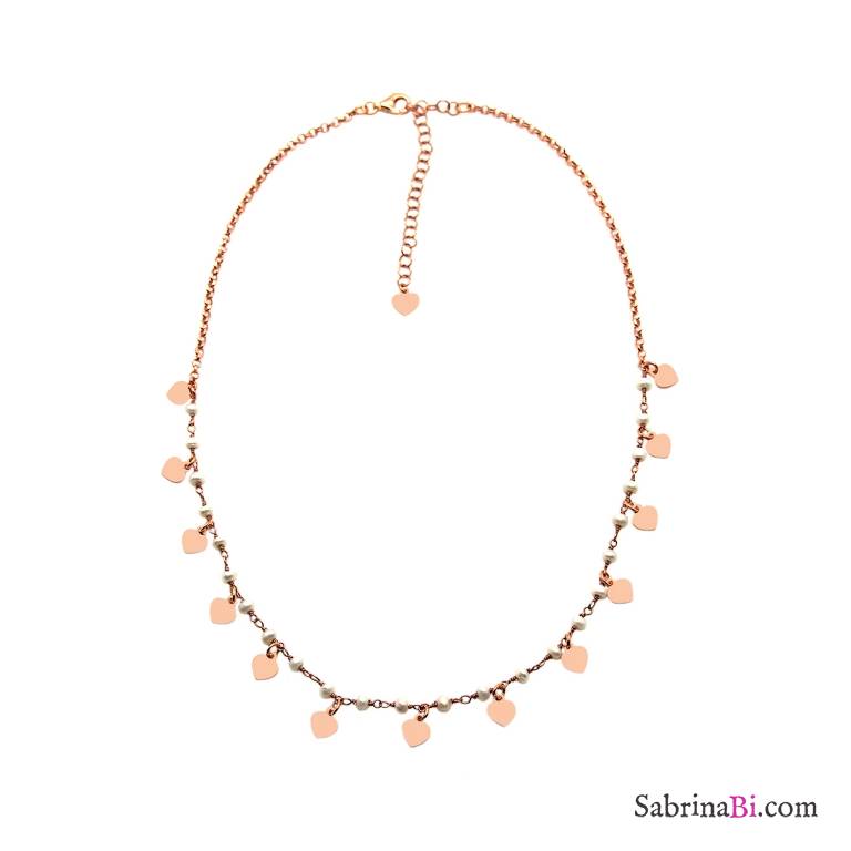 Collana girocollo doppia catena argento 925 oro rosa perle e Cuori