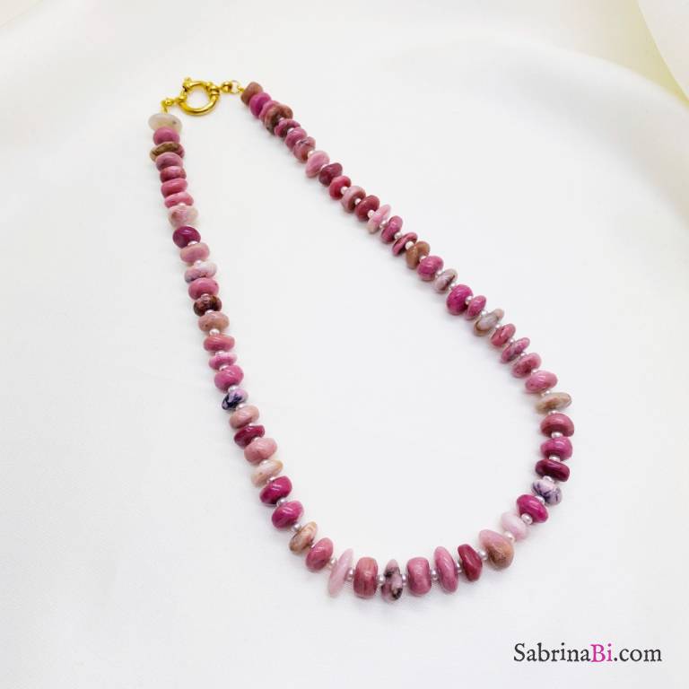 Collana girocollo rondelle Rodocrosite rosa e Perle