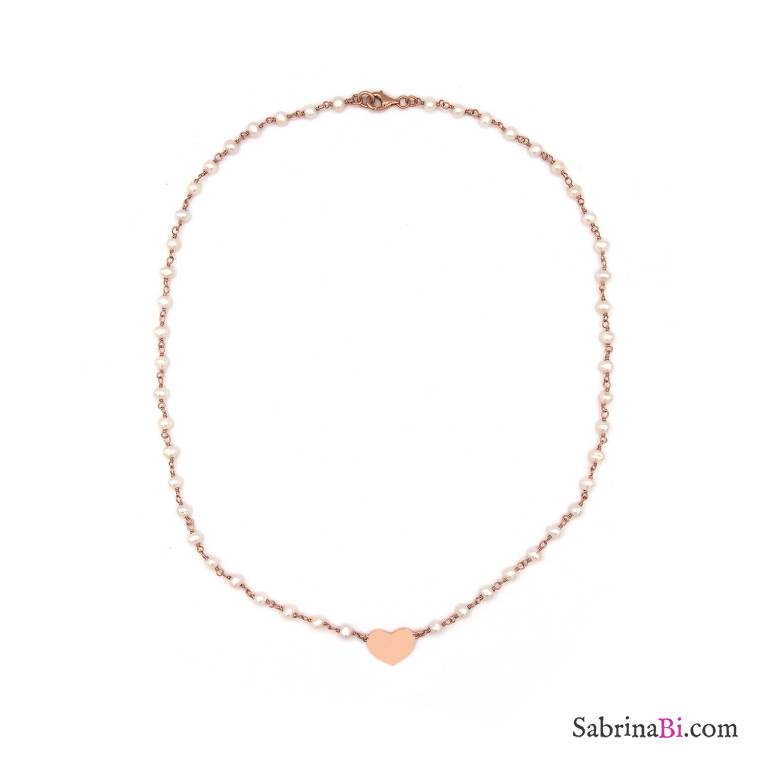 Collana girocollo rosario argento 925 oro rosa perle bianche e cuore