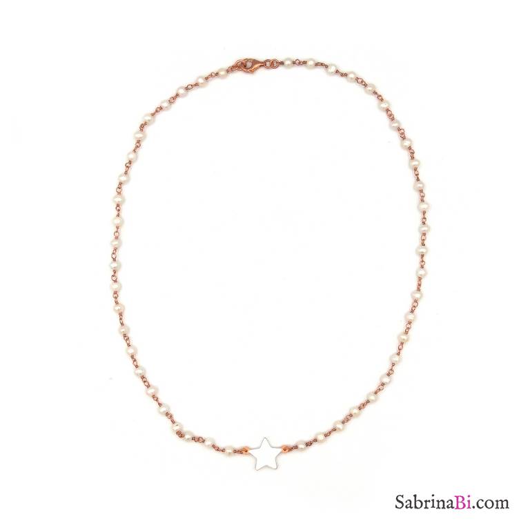 Collana girocollo rosario argento 925 oro rosa perle bianche e stella bianca