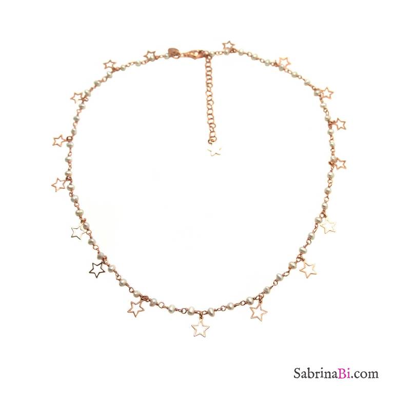 Collana girocollo rosario argento 925 oro rosa perle bianche e stelline vuote