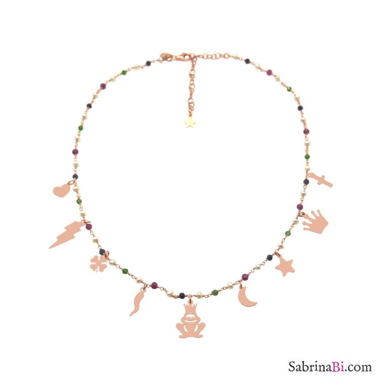 Collana girocollo rosario argento 925 oro rosa perle, pietre dure multicolor e charms