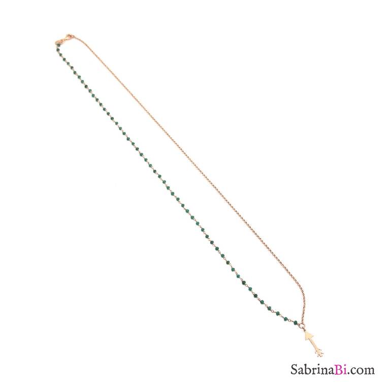 Collana lunga rosario verde e catena argento 925 oro rosa e freccia Cupido