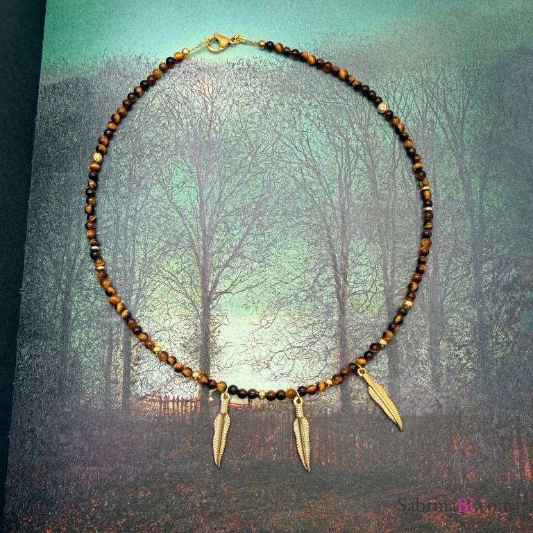 Tiger’s Eye Choker Necklace with Feather Charms | SabrinaBi