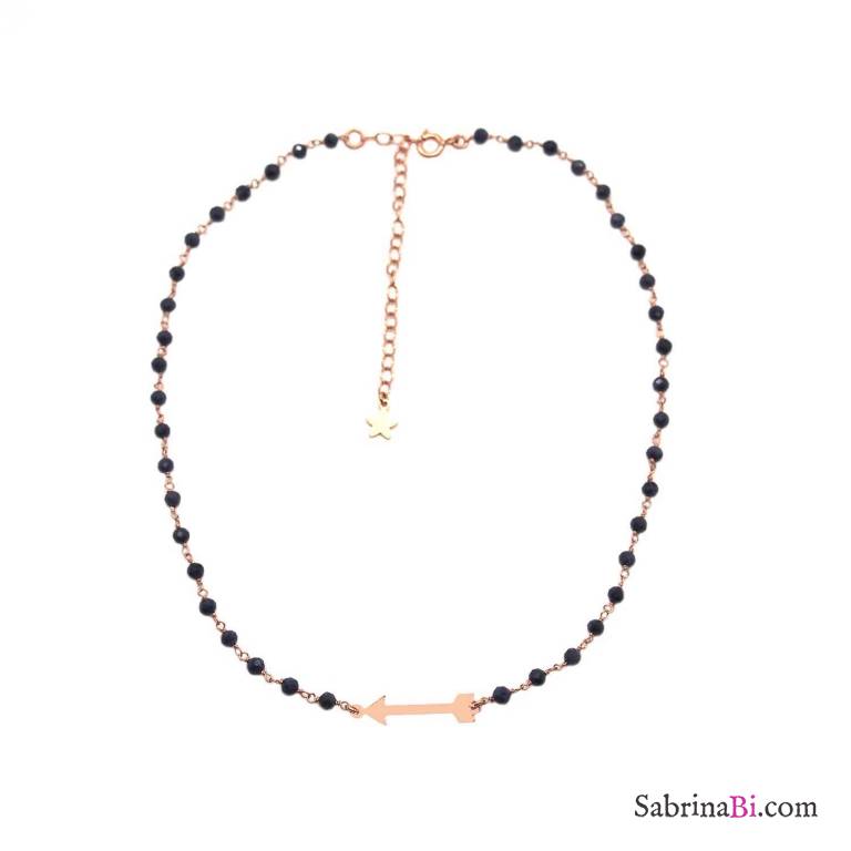 Collana rosario argento 925 oro rosa Lapislazzuli blu e Freccia Cupido