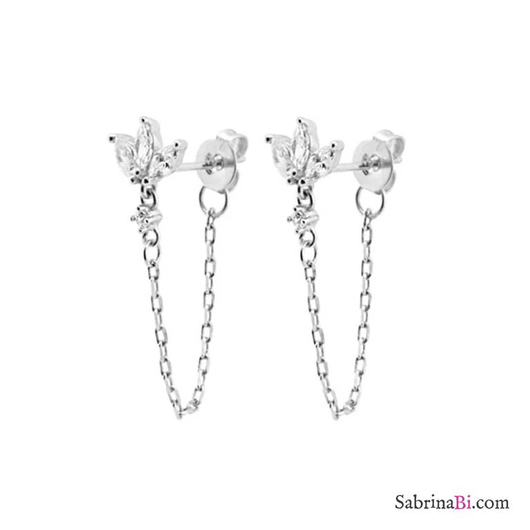 Mono orecchino 3 petali con catenella oro/argento