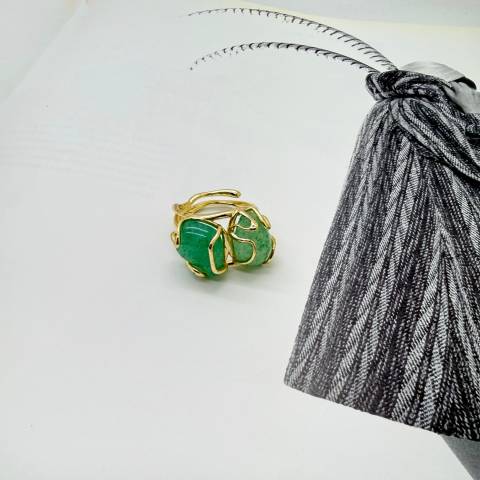 Double green Quartz stone adjustable ring 