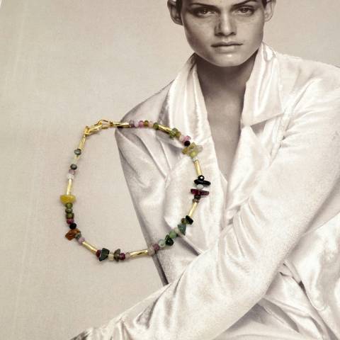 Multicolor Tourmaline chips with golden tubular beads bracelet