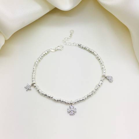 Sterling silver nuggets Zirconia clover, heart and star bracelet 