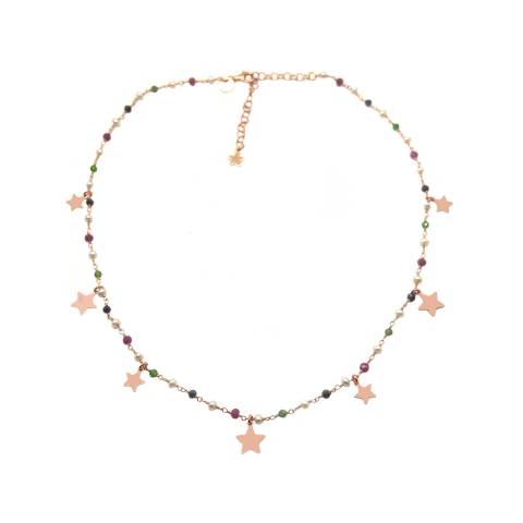Collana choker girocollo rosario argento 925 oro rosa perle, pietre dure multicolor e stelle
