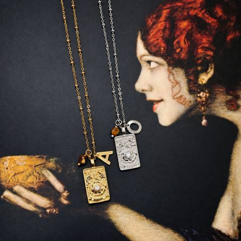 Wheel of Fortune Short Tarot Necklace with Initial and Tiger’s Eye