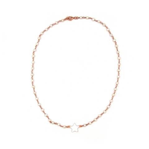 Collana girocollo rosario argento 925 oro rosa perle bianche e stella bianca