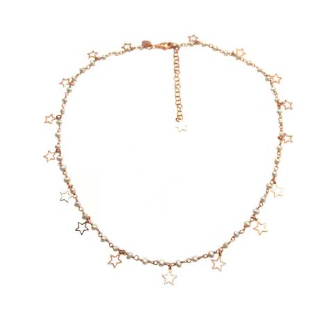 Collana girocollo rosario argento 925 oro rosa perle bianche e stelline vuote