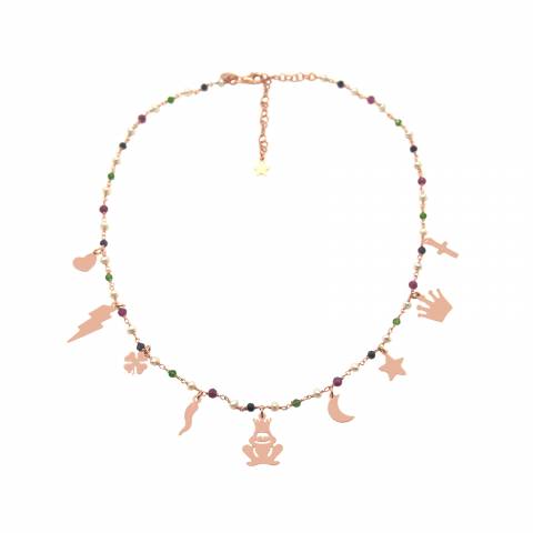 Collana girocollo rosario argento 925 oro rosa perle, pietre dure multicolor e charms