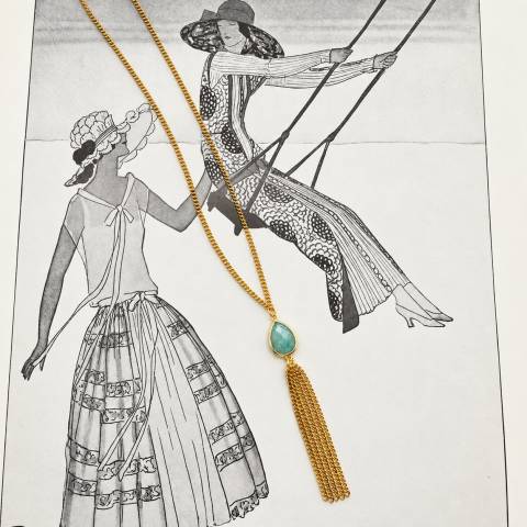 Long Necklace with Natural Amazonite and Gold-Tone Tassel Chains