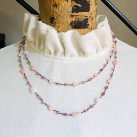 Collana lunga argento 925 brunito Calcedonio rosa