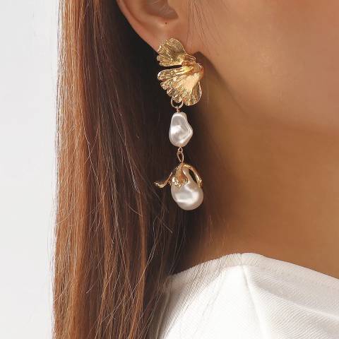 Golden leaf, blossom and Pearl long earrings