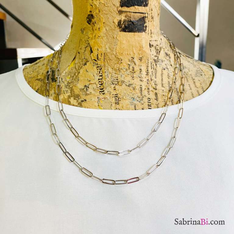 Collana lunga argento 925 maglia rettangolare 