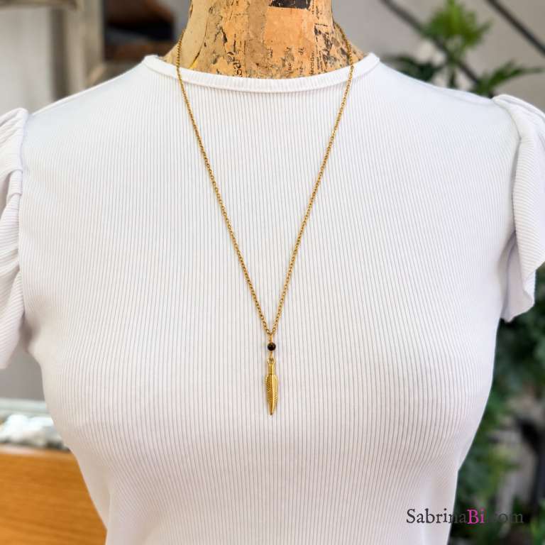 Long Necklace with Golden Feather and Tiger’s Eye 