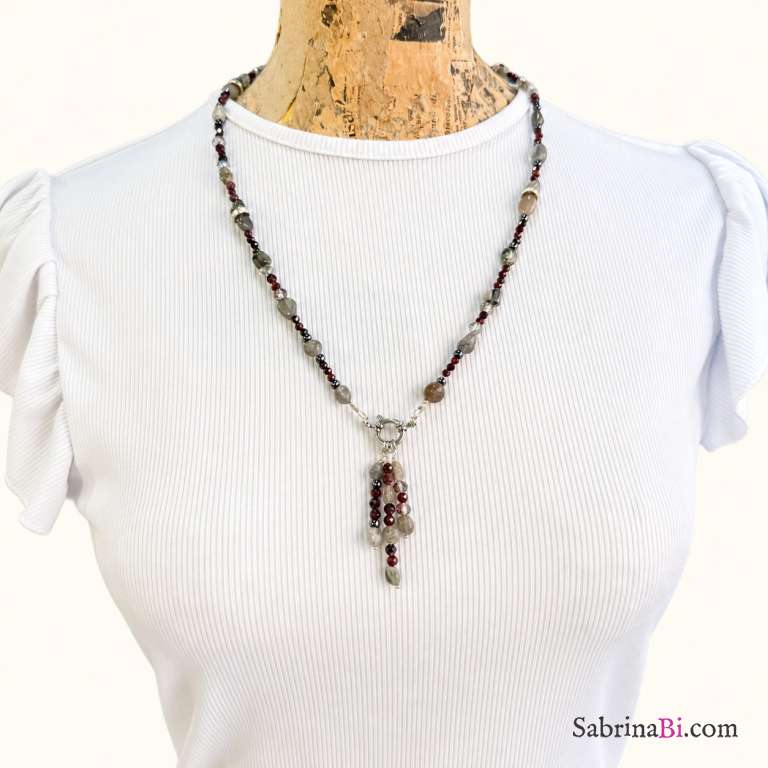 Long Garnet and Labradorite Necklace with Removable Pendants