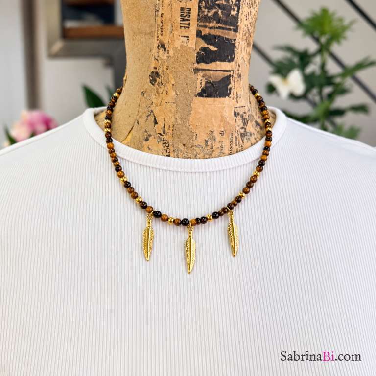 Tiger’s Eye Necklace with Golden Feathers