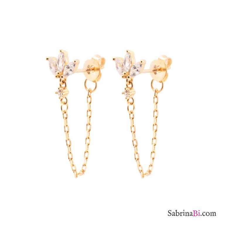 Mono orecchino 3 petali con catenella oro/argento