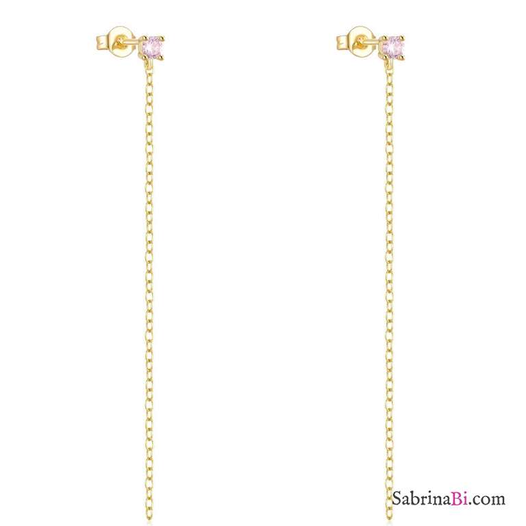 Mono orecchino a filo argento 925 oro Zircone rosa a lobo