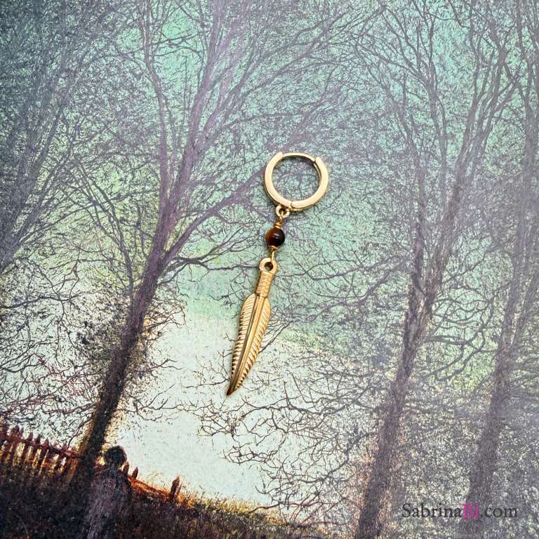 Single Earring with Golden Feather and Tiger’s Eye 