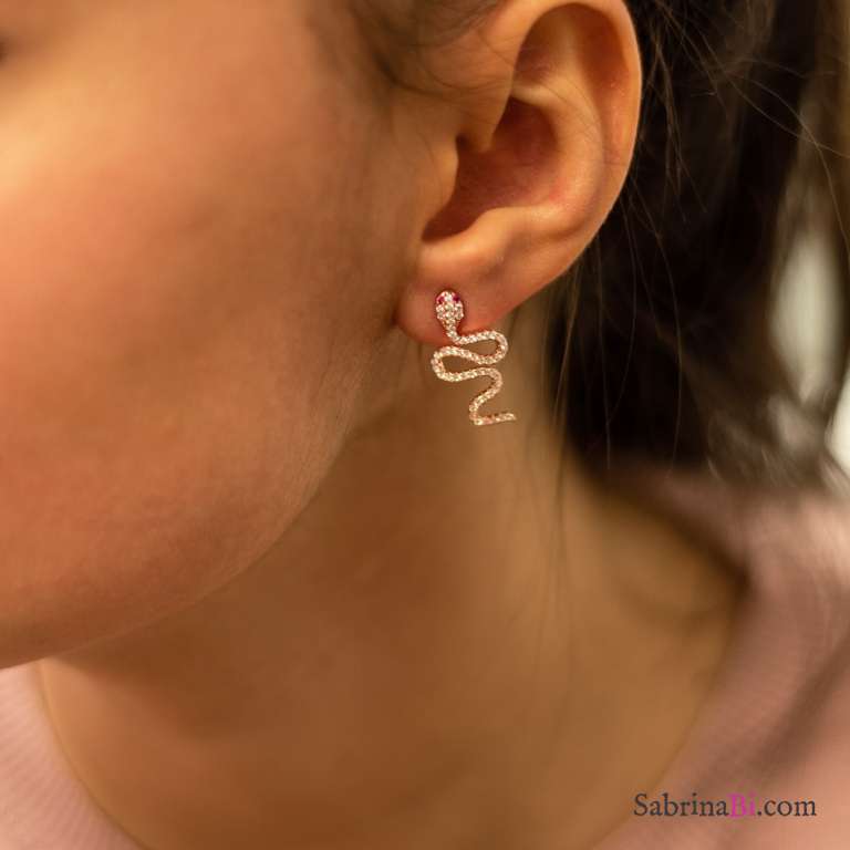 Zirconia snake rose gold sterling silver stud earrings 