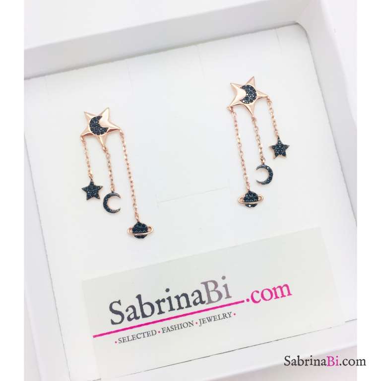 Orecchini pendenti argento 925 oro rosa catenelle stella e luna Zirconi