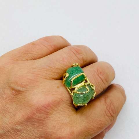 Double green Quartz stone adjustable ring 