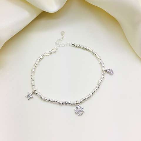 Sterling silver nuggets Zirconia clover, heart and star bracelet 
