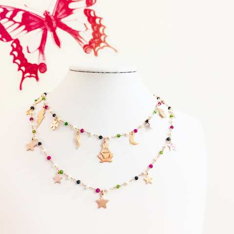 Collana choker girocollo rosario argento 925 oro rosa perle, pietre dure multicolor e stelle