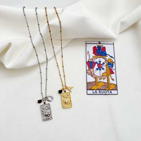 Wheel of Fortune Short Tarot Necklace with Initial and Tiger’s Eye