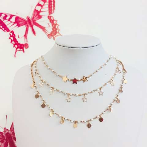 Collana girocollo doppia catena argento 925 oro rosa perle e Cuori