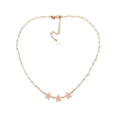 Collana girocollo rosario argento 925 oro rosa perle bianche e 3 stelle